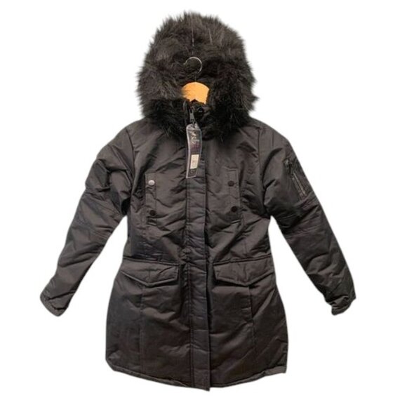 Celsius Premium Parka Coat Womens S Black Hooded Faux Fur Trim Full Zip NWT - Picture 1 of 16